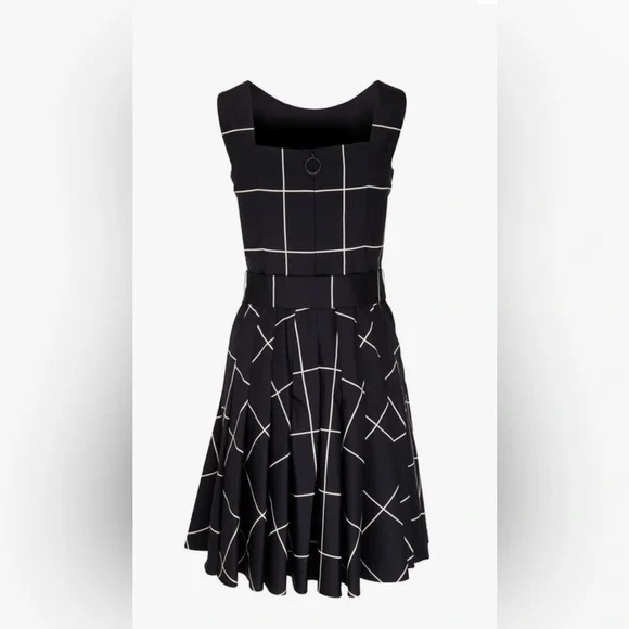 Akris Punto Size 12 Sleeveless Black & Cream Windowpane Belted Cotton Dress NEW! - Picture 4 of 10